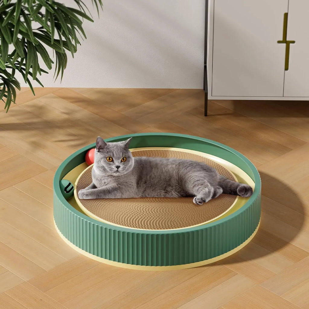 Large circular cat scratching board with moving ball toys and replaceable cardboard core