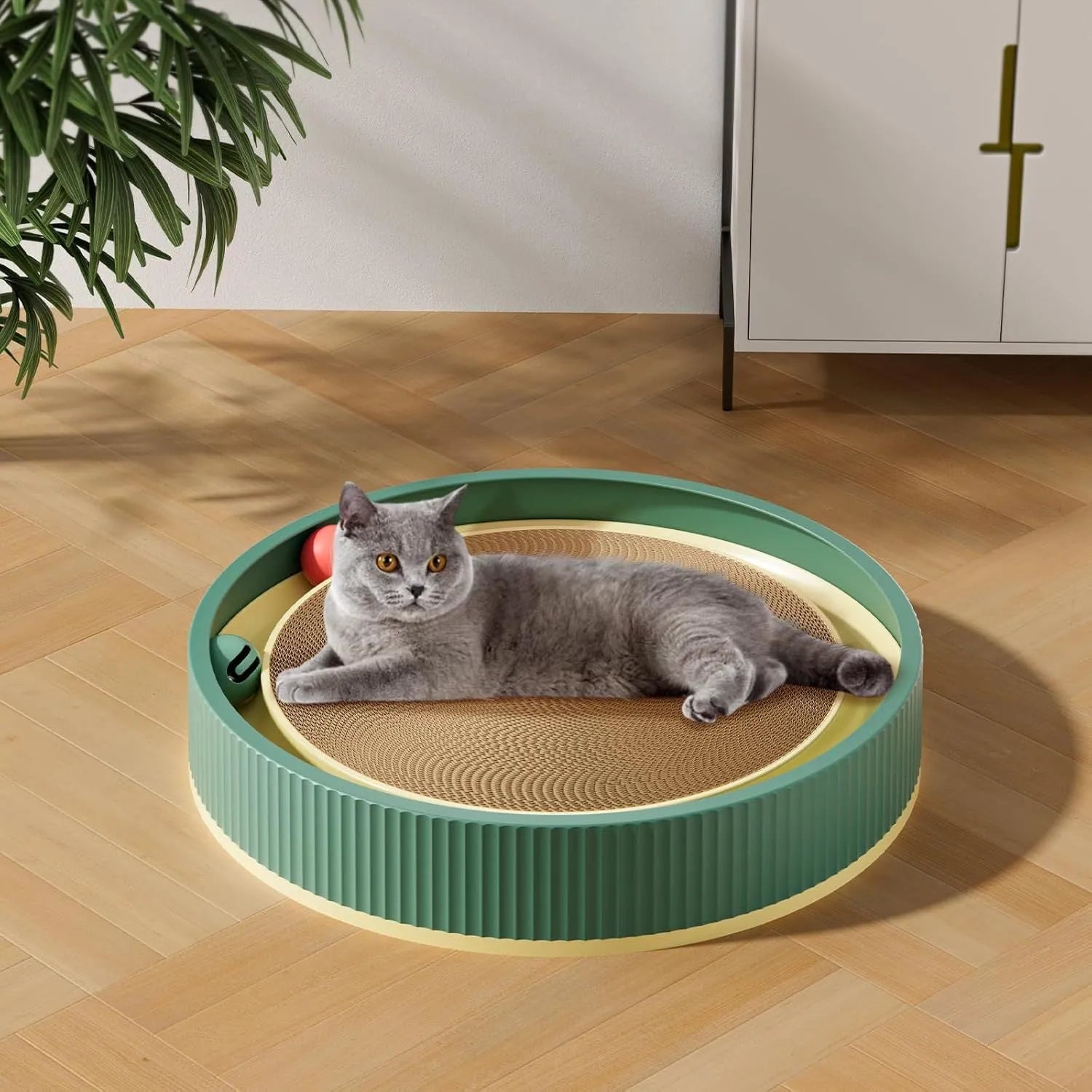 Large circular cat scratching board with moving ball toys and replaceable cardboard core
