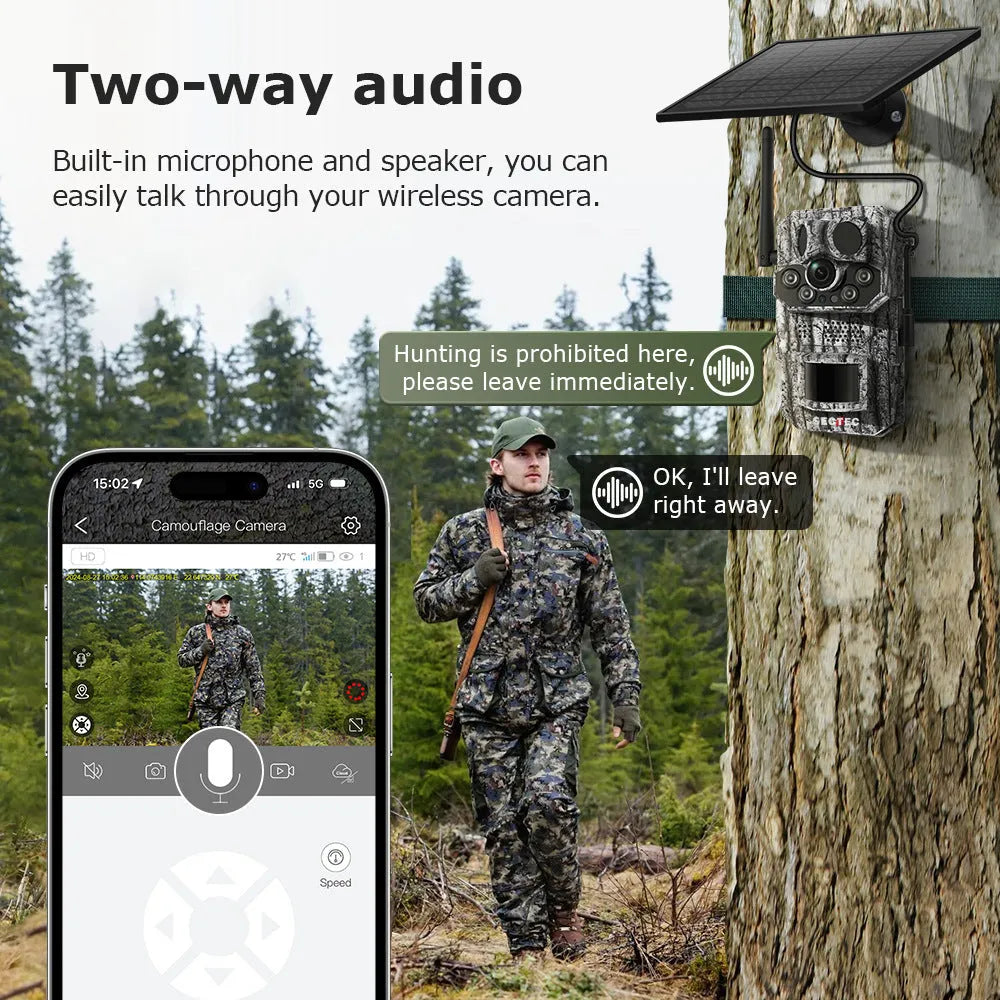 4G solar hunting camera with GPS positioning, IP65 waterproof housing, and 3MP 2K resolution lens mounted on a tree
