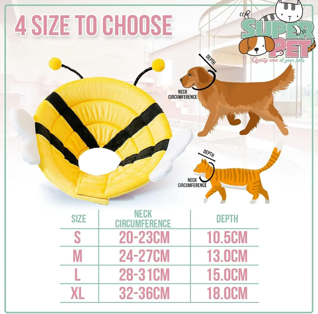 Soft bee design cat cone collar showing adjustable Velcro closure and protective shape