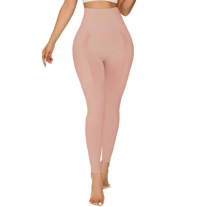 Women's high-waist seamless yoga trousers in nylon, shown in black, mint, lavender, and peach.
