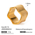 Stainless steel ring with a geometric wave pattern on a wide band, showing two colour options.