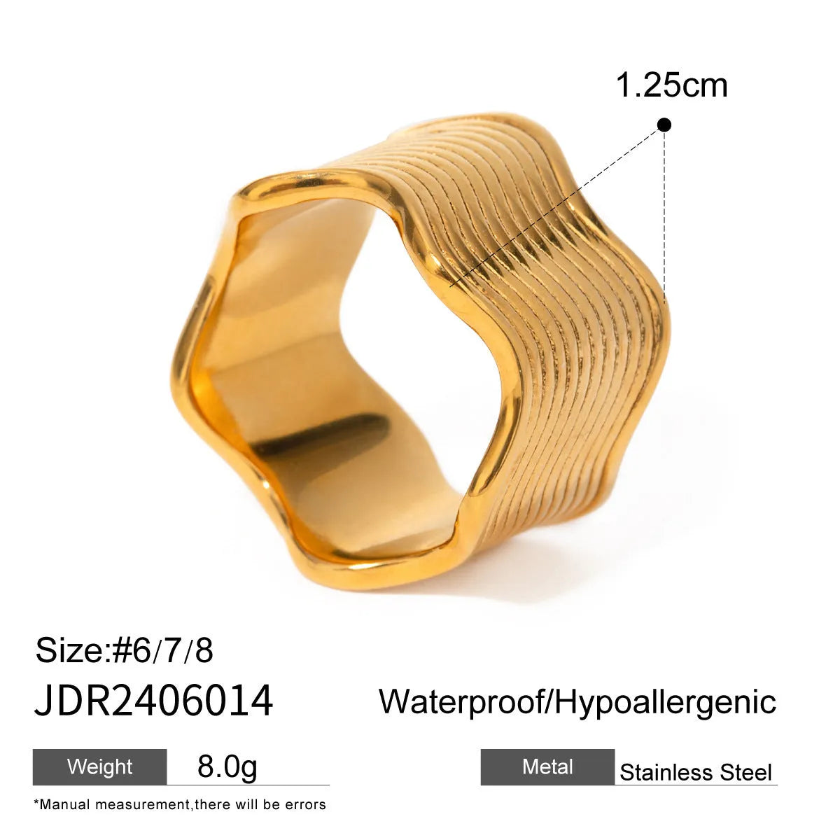 Stainless steel ring with a geometric wave pattern on a wide band, showing two colour options.