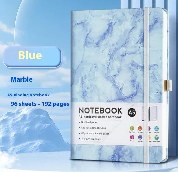 A5 diary with soft PU leather cover in a skin feeling texture, open to show horizontal line pages.