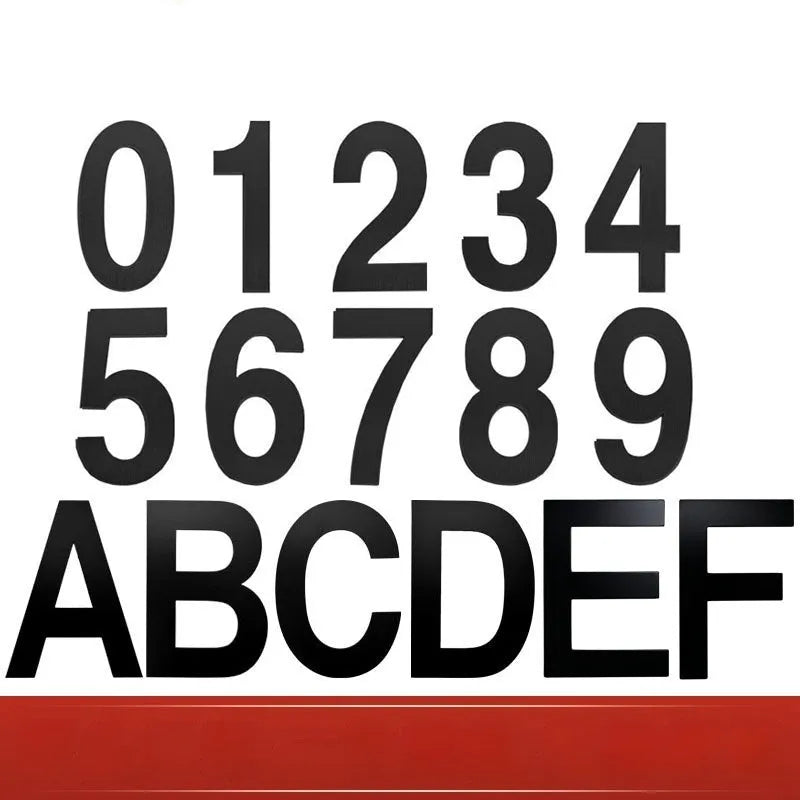 Black stainless steel self-adhesive house numbers and letters, each 7.5cm tall, for external mounting.