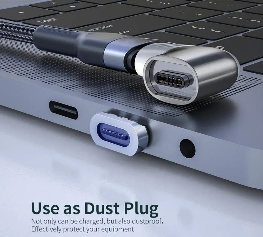 100W 5A magnetic Type-C adapter in black, zinc alloy and TPE, L-shaped design with soft white indicator light