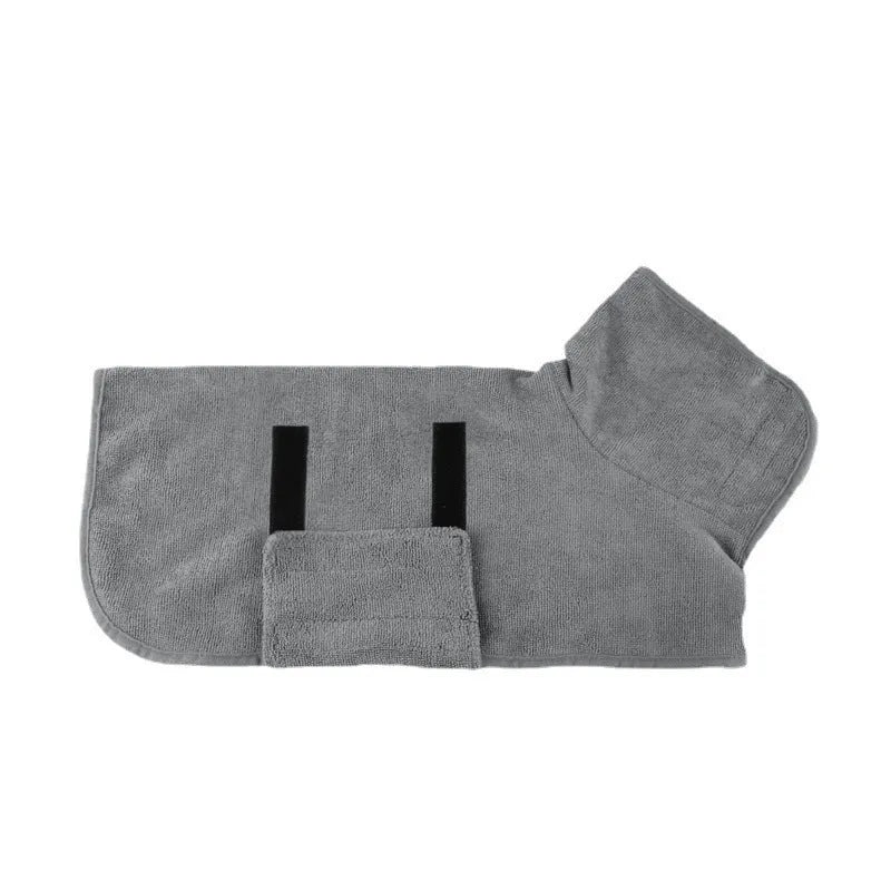 Grey nylon pet drying robe with tie closures for dogs and cats shown in size medium