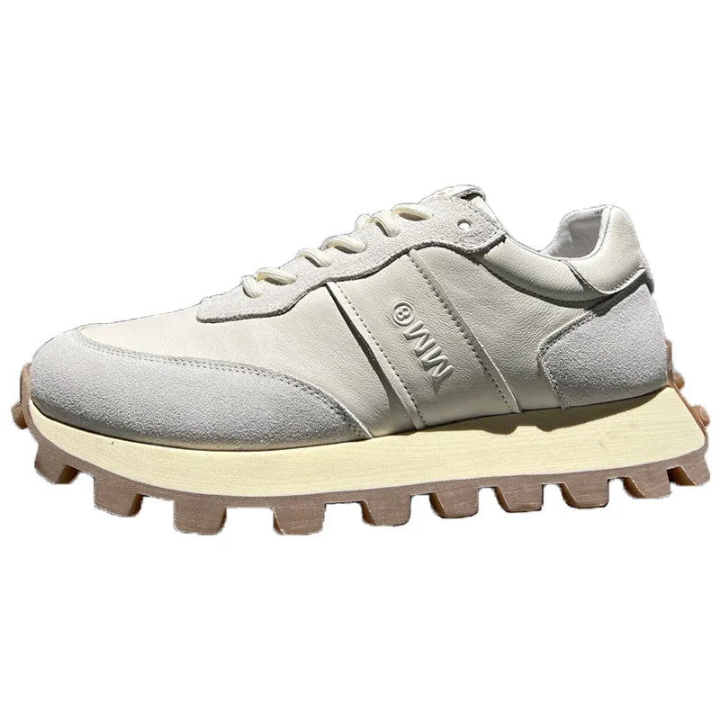 Men's black head layer cowhide lace-up sports shoes with thick sole and round toe on white background