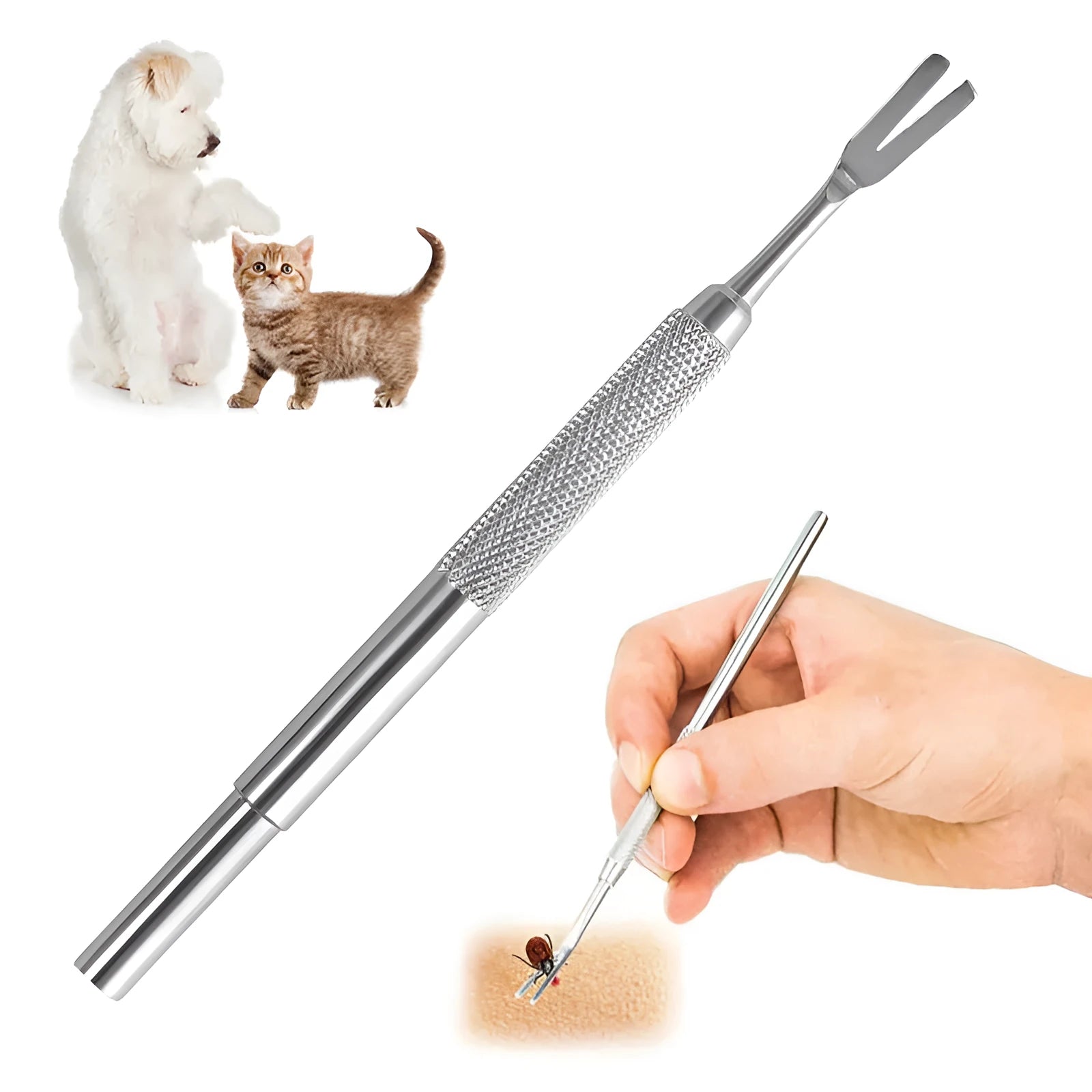 Silver stainless steel tick removal tweezers for pets with narrow slotted head