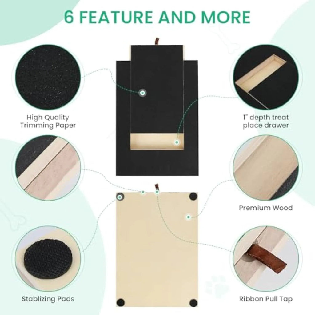 Wooden dog nail scratch board with treat drawer and non-slip base pads