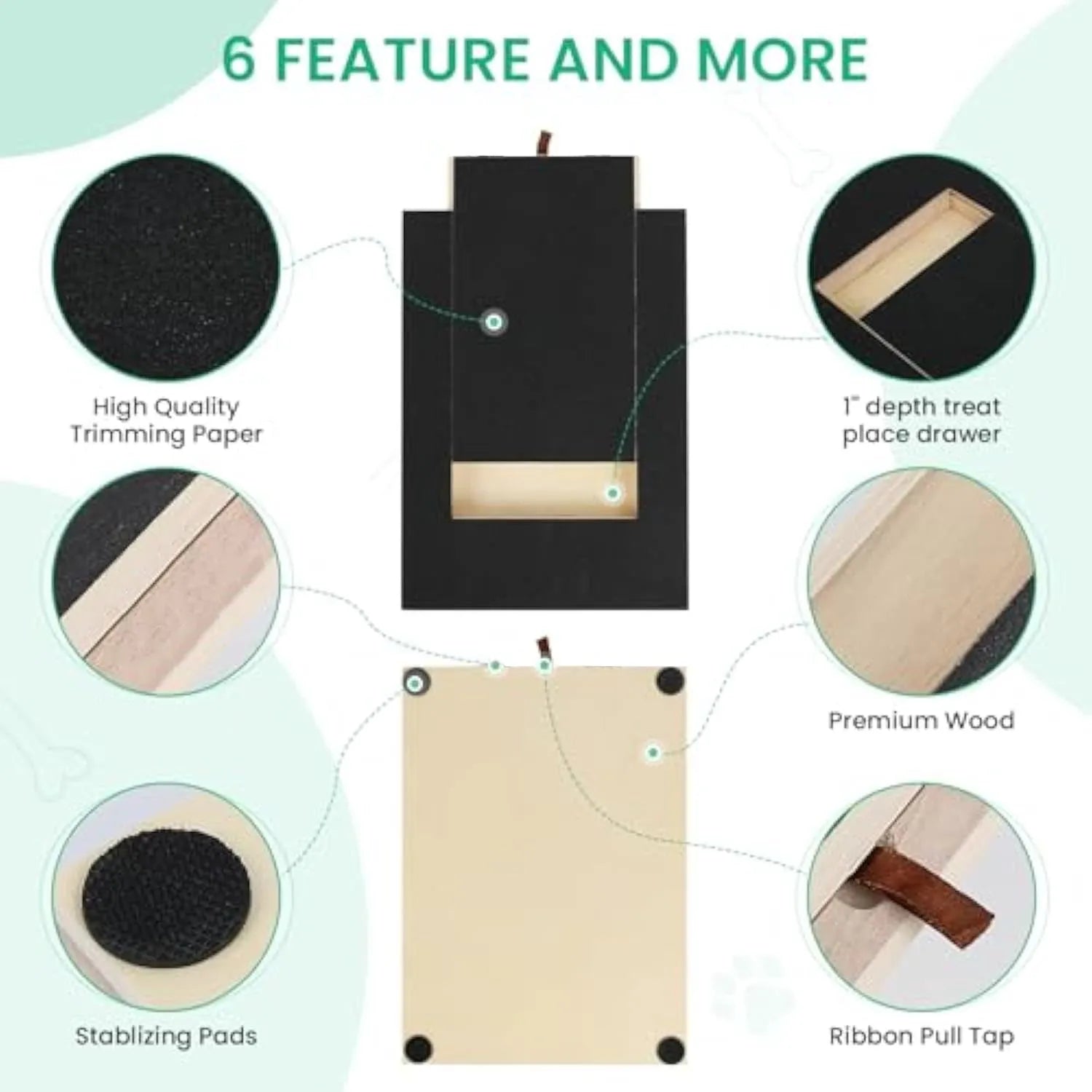 Wooden dog nail scratch board with treat drawer and non-slip base pads