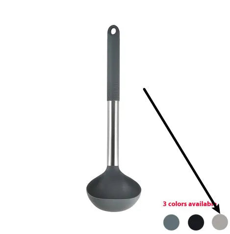 12-piece silicone kitchen utensil set in rotating storage bucket, showing spatula, ladle, and other tools.