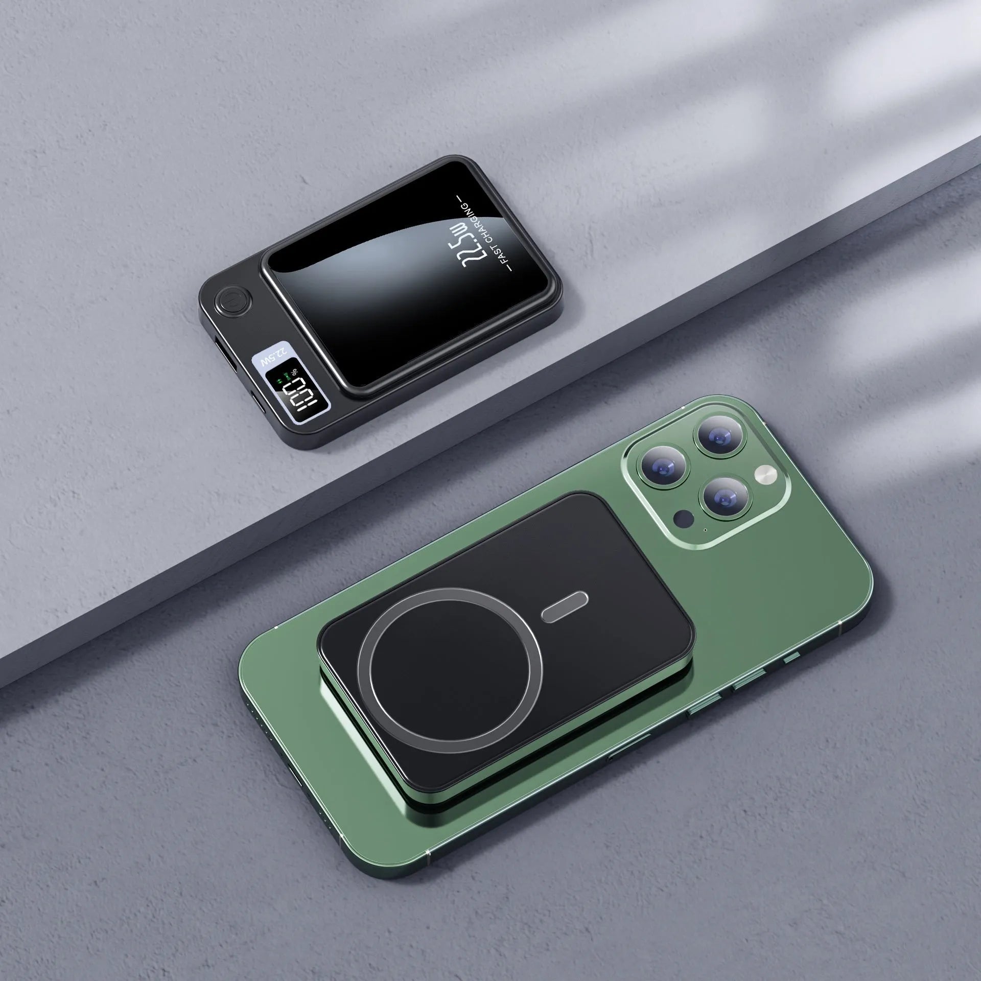Wireless power bank in black, white, purple, or green with Magsafe charging surface.