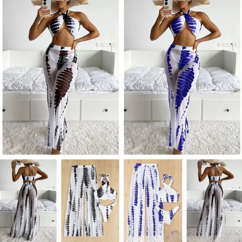 Women's black and blue printed three-piece swimsuit set with mesh trousers.