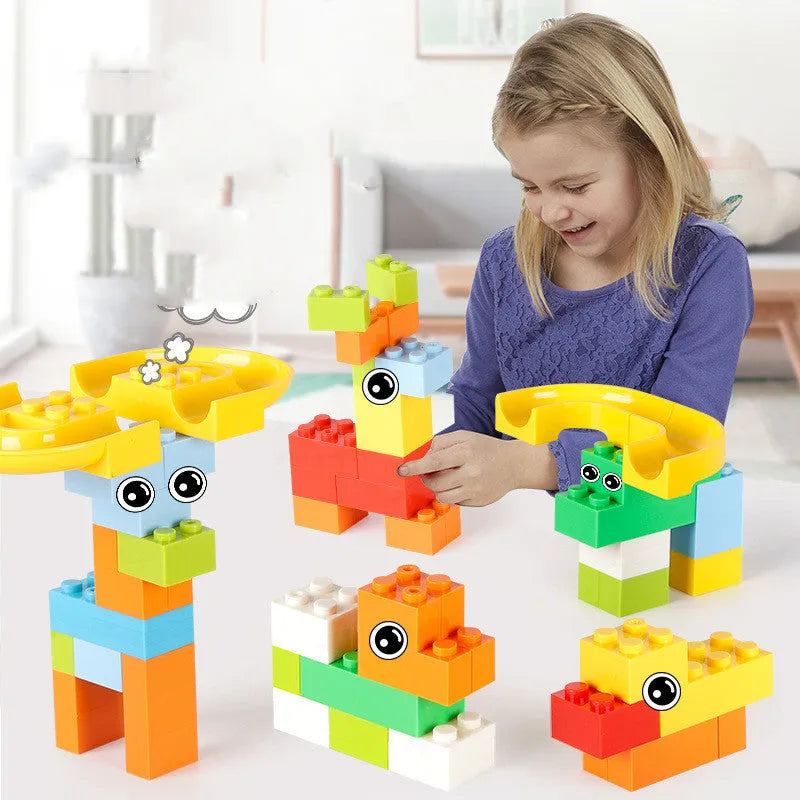 168-336 piece plastic building block set with race run track and funnel slide in colour box packaging