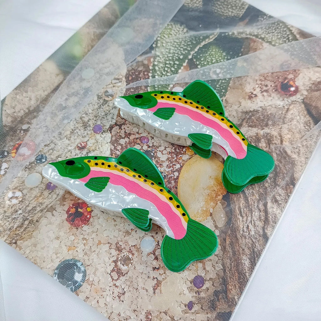 Dark green PVC hair clip with printed rainbow trout marine design and carp elements