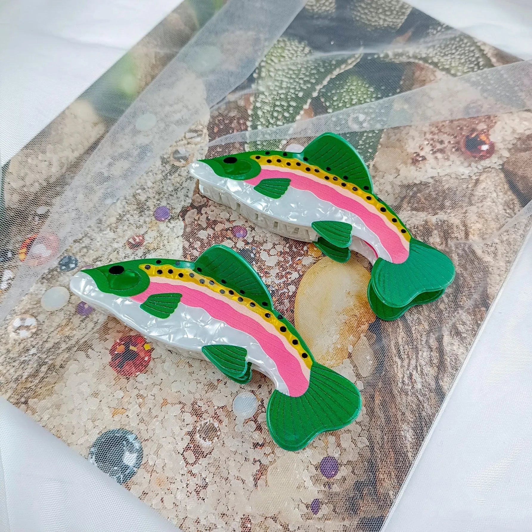 Dark green PVC hair clip with printed rainbow trout marine design and carp elements