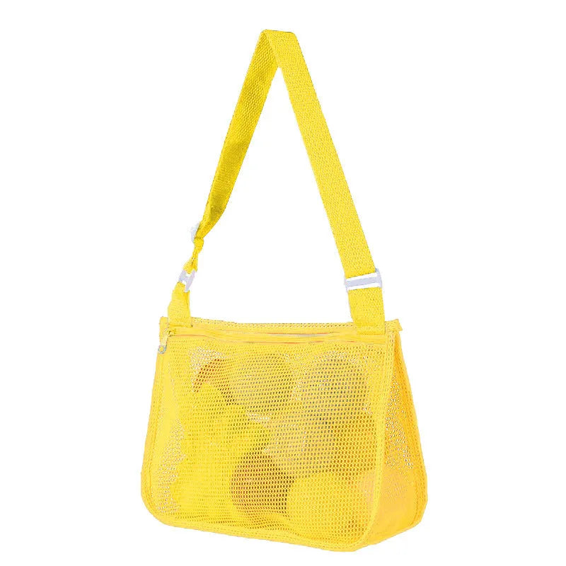 Blue nylon mesh travel storage organiser bag for children's toys and clothing, sealed, measuring 20x25x8cm.
