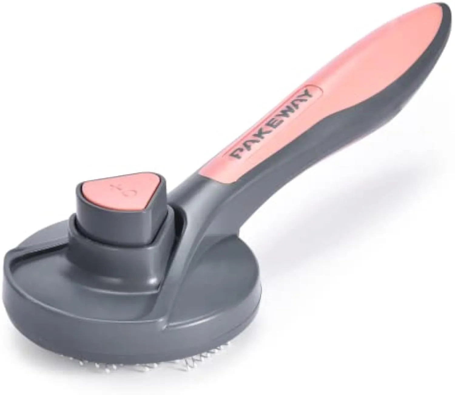 Grey self-cleaning slicker brush for cats and dogs with massaging bristle tips on a non-slip handle.