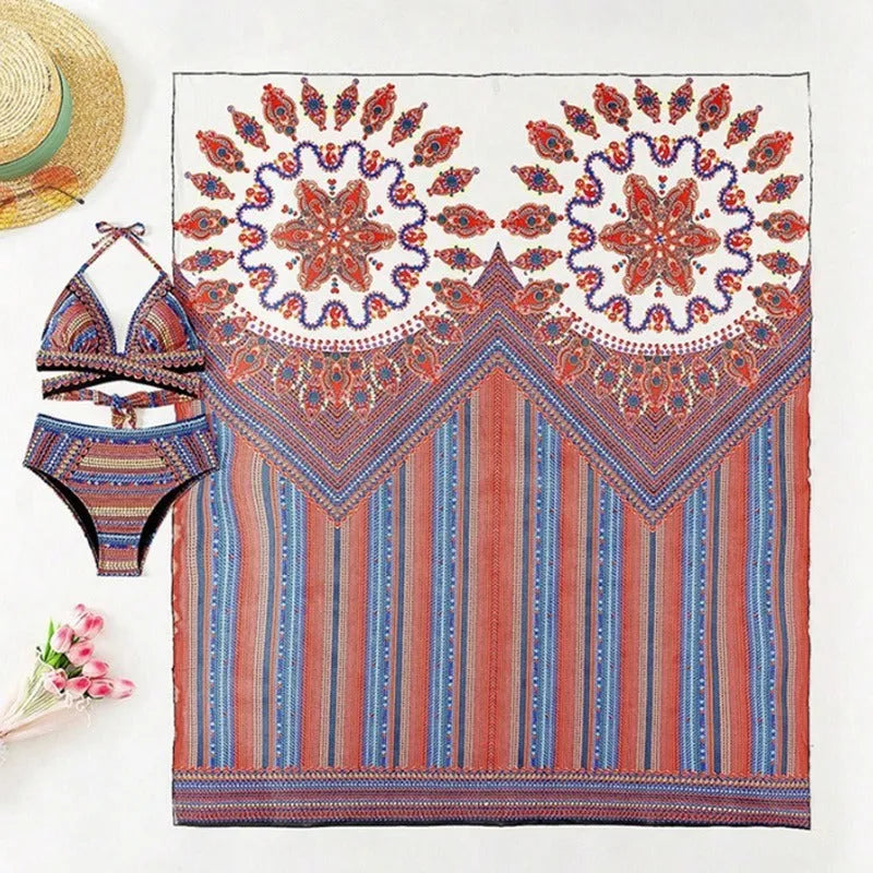 Ladies three-piece swimsuit set with high-waisted briefs, cutout blouse top, and a long coat.