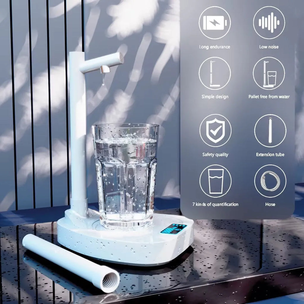 White and blue rechargeable desktop water dispenser pump with LED display on a water bottle.