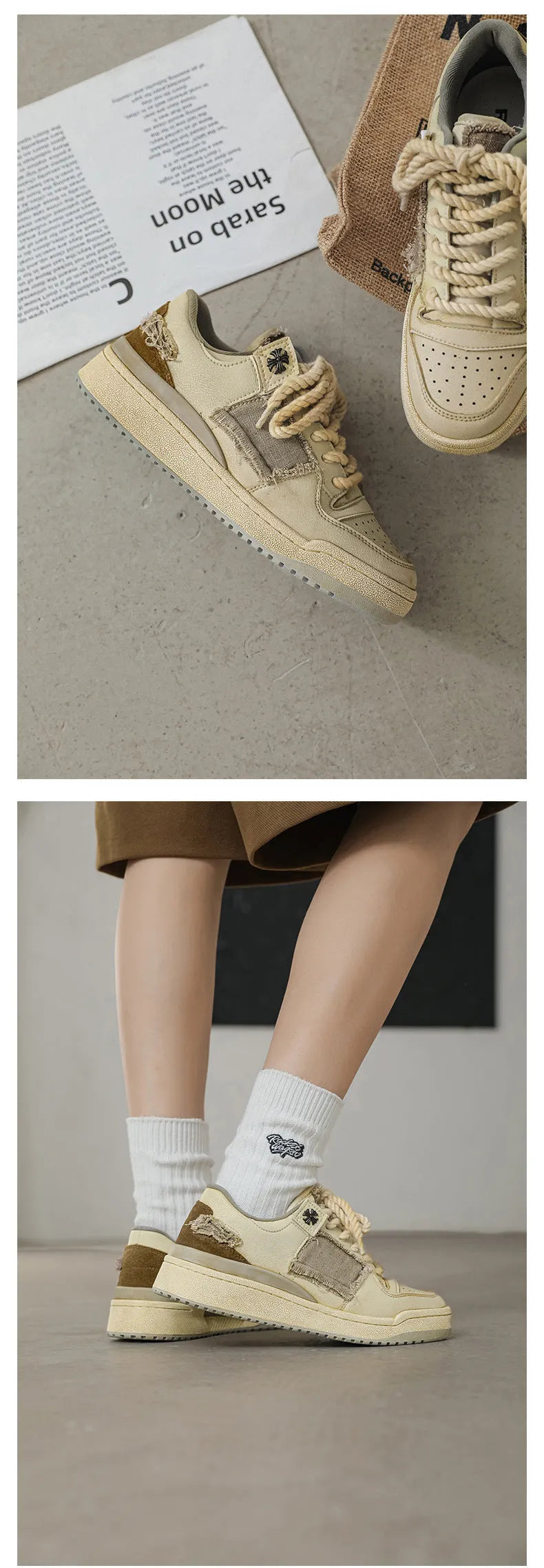 Beige low-top vintage skateboard shoes with round toe and rubber sole on a white background