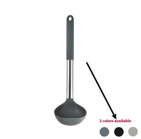 12-piece silicone kitchen utensil set in rotating storage bucket, showing spatula, ladle, and other tools.