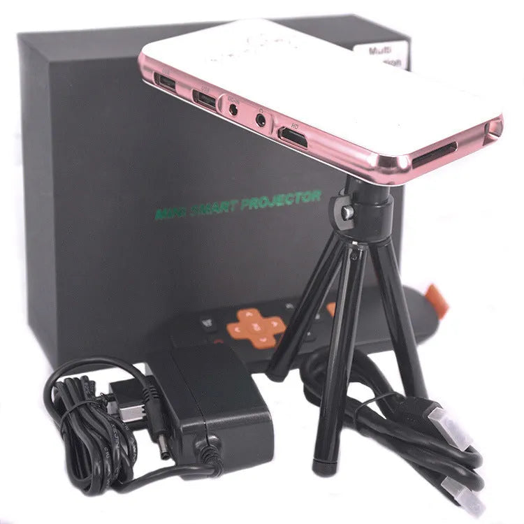 M6S white and rose gold miniature portable Android projector showing compact 145x80mm dimensions