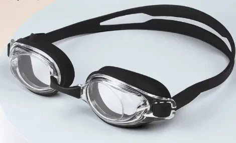 Myopia swimming goggles with prescription lenses and a matching hard protective case.