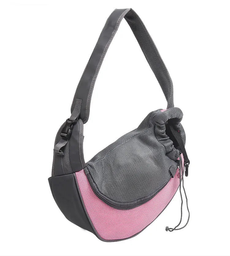 Mesh fabric pet carrier sling bag with single shoulder strap, shown in assorted colours.