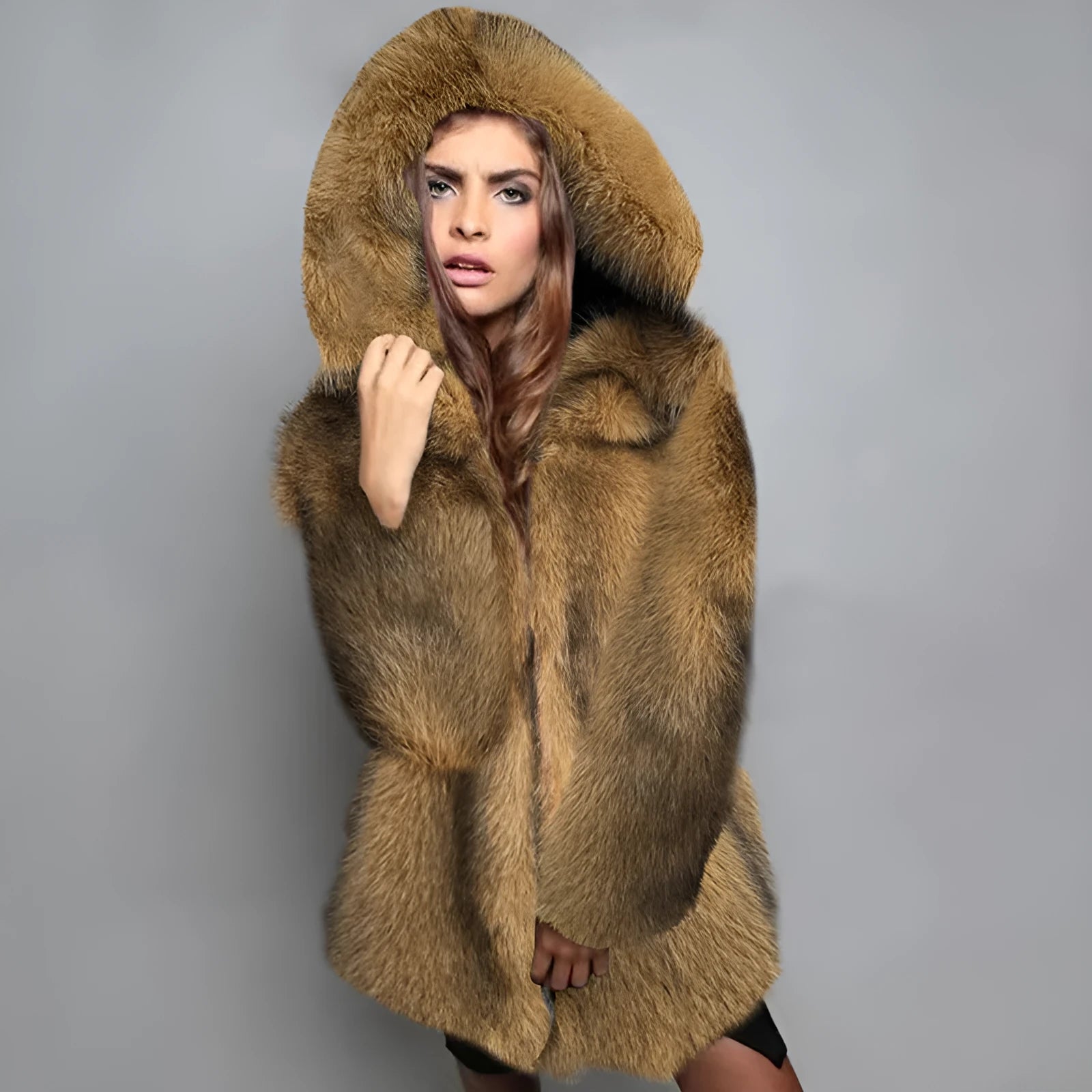 Women's loose-fitting silver grey artificial fur mid-length coat on a hanger.