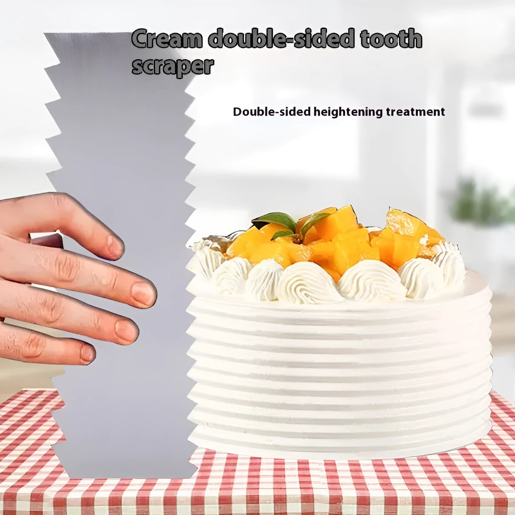 Stainless steel cake scraper with geometric polygon edge pattern for decorative baking
