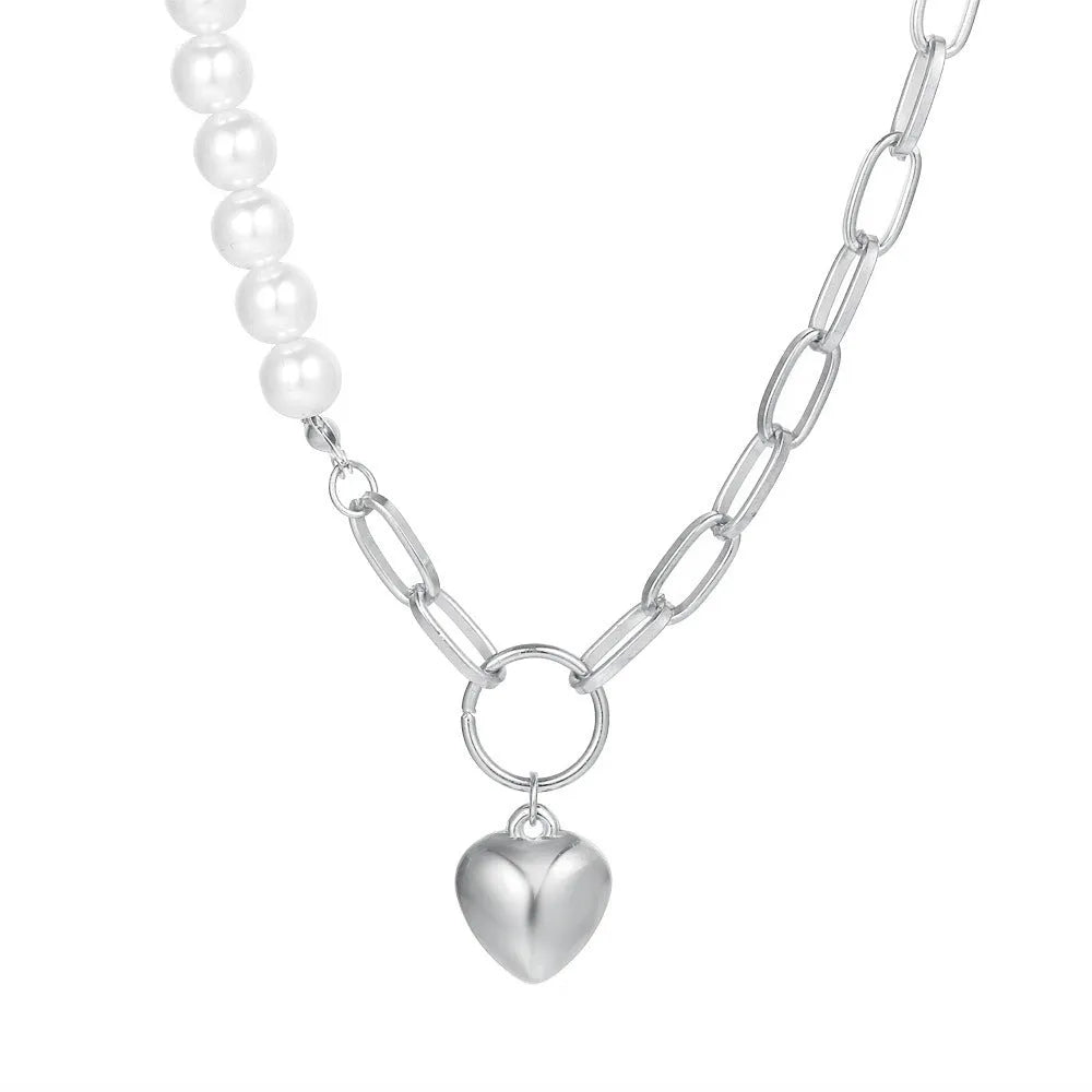 Love alloy clavicle chain for women handmade imitation pearl heart shape pendant with tassel on adjustable chain