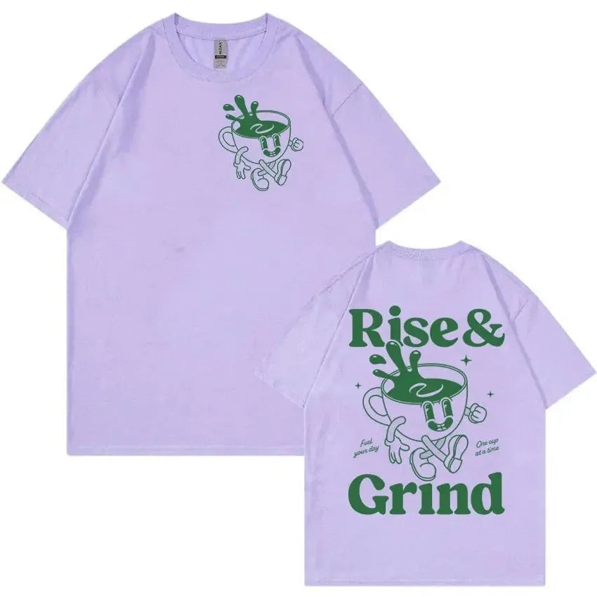 Man's loose-fit linen-blend t-shirt with Rise And Grind green coffee cartoon print