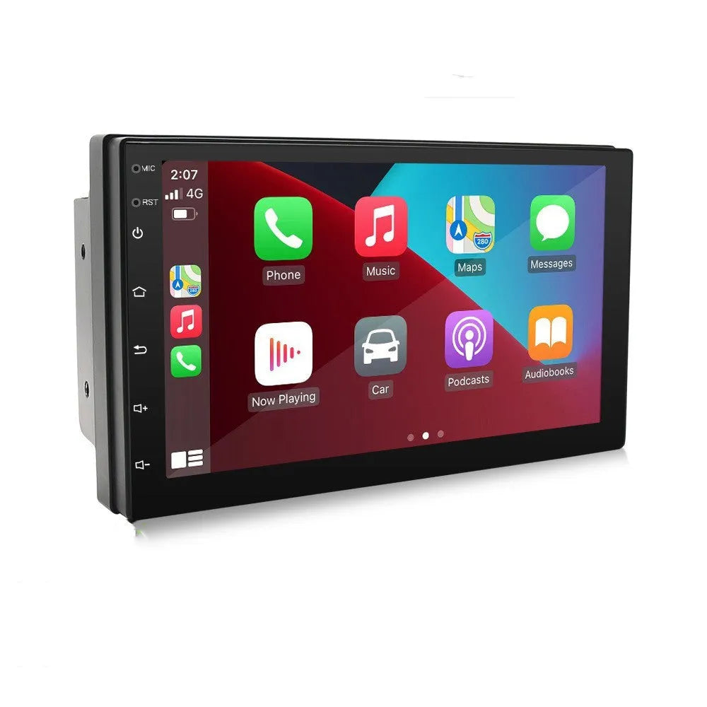 Black universal car MP5 player with 7-inch touchscreen showing GPS navigation maps and CarPlay interface