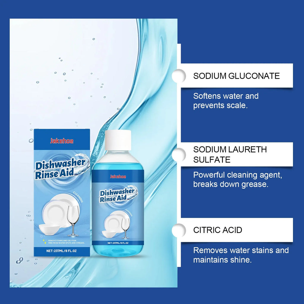 237ml bottle of dishwasher detergent cleaning aid for removing oil and stains from kitchenware.