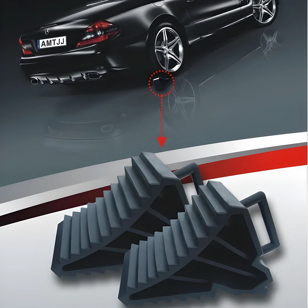A pair of black triangular car wheel chocks for anti-slip parking safety.