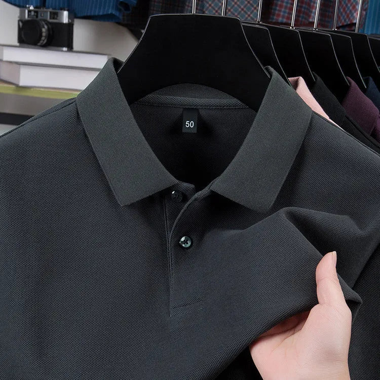 Men's casual polo collar short sleeve top in mercerized cotton, available in multiple solid colours