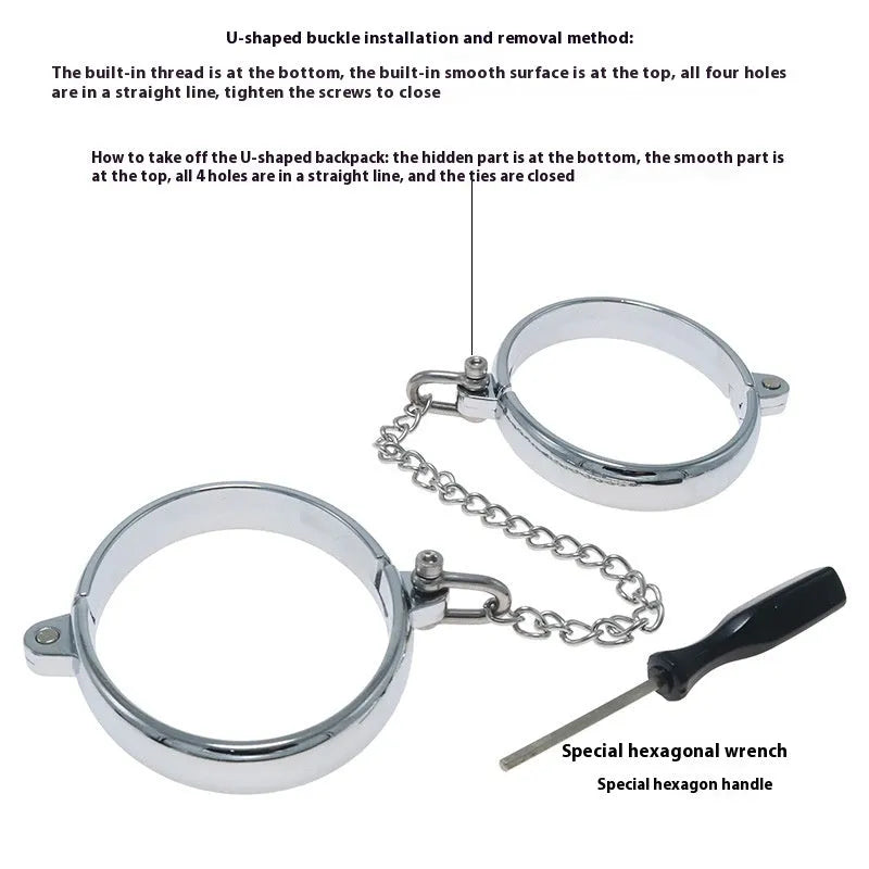 Silver zinc alloy handcuffs and footcuffs set with stainless steel watch bracelet styling
