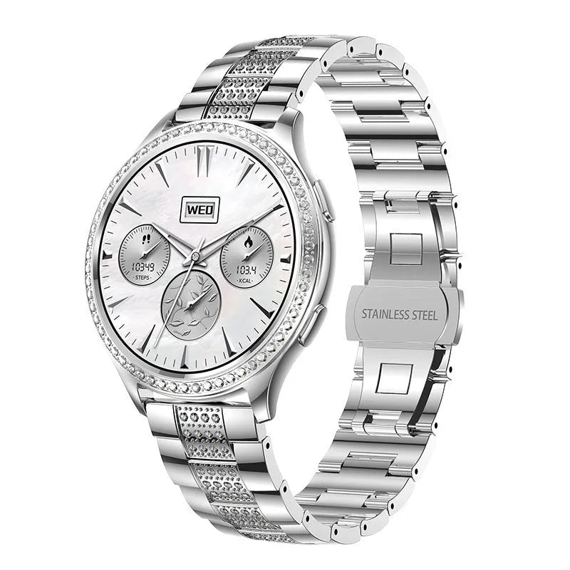 AK53 Bluetooth calling smart watch with metal body and TPU strap, showing heart rate monitoring on 1.32 inch IPS colour touch screen