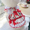 Princess style rabbit skirt dog dress in polyester on a small dog mannequin, showing the flared skirt design.