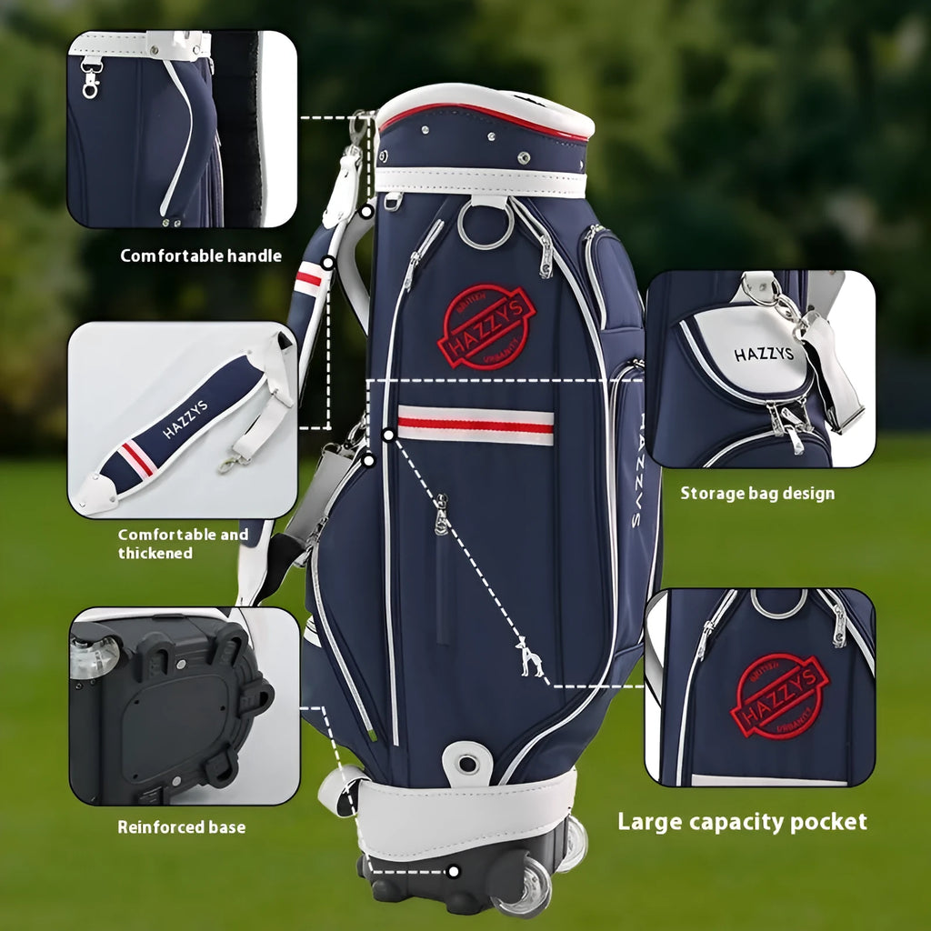 Dark blue pull rod golf bag with wheels and handle on a golf course