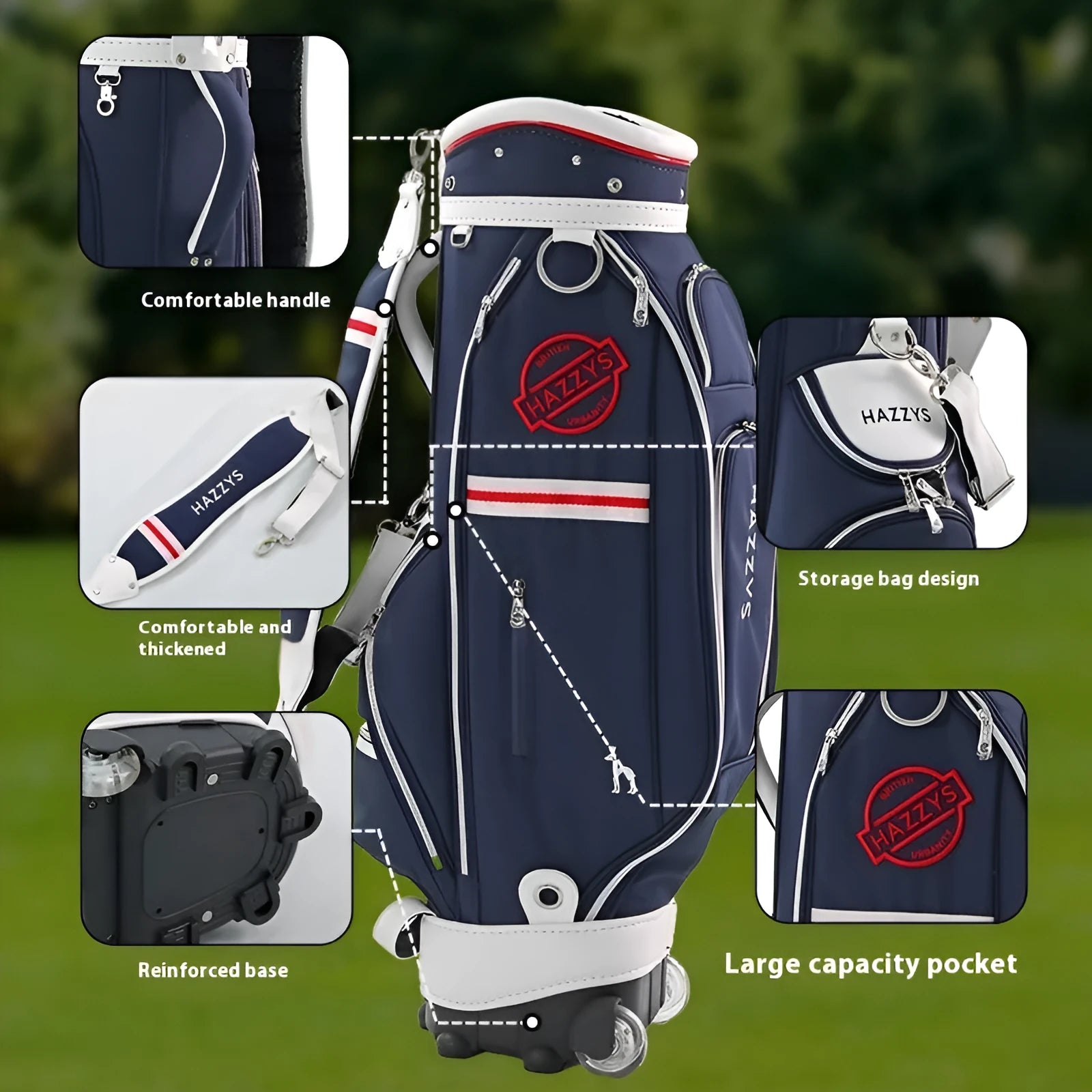 Dark blue pull rod golf bag with wheels and handle on a golf course
