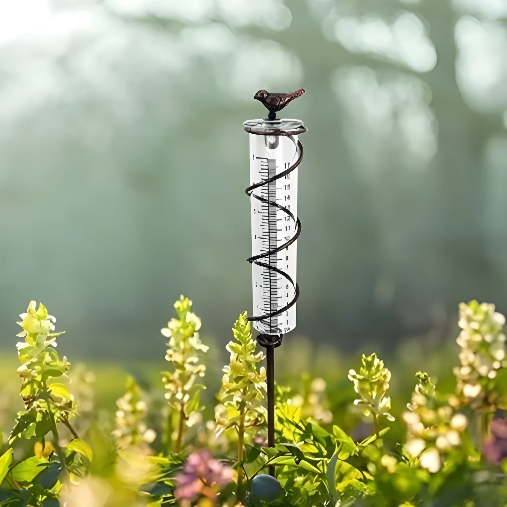 Cast iron garden rain gauge with decorative hummingbird design showing measurement scale