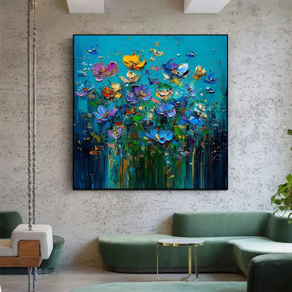 Hand-painted modern floral knife flower oil painting on square canvas without frame, textured 3D design, 100cm size