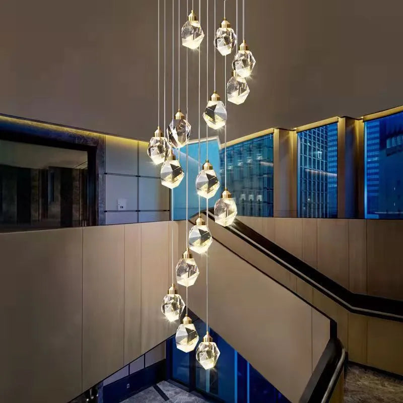 Duplex stair long crane crystal chandelier ceiling lamp with dimmable three-colour lighting