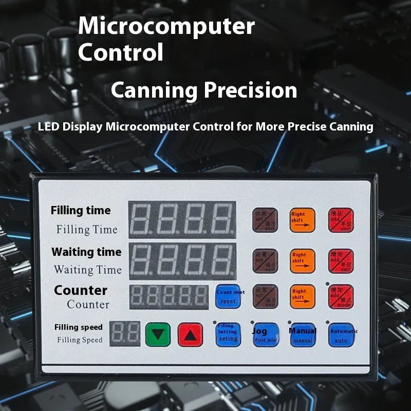CNC automatic quantitative liquid filling machine with digital display and dispensing nozzle on a workbench.