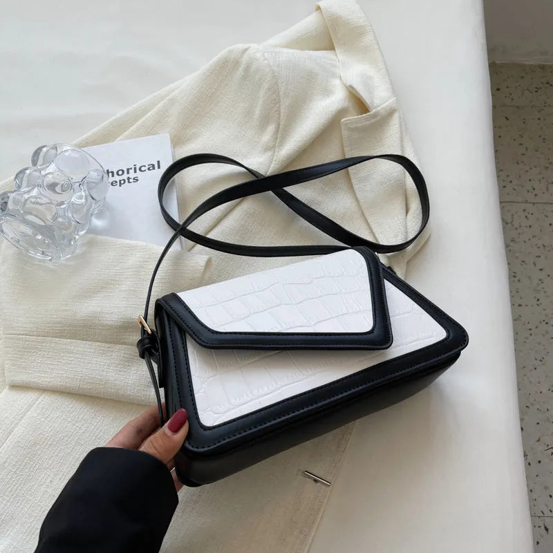 Stone pattern square PU leather one-shoulder bag in black, white with black, khaki, or creamy-white.