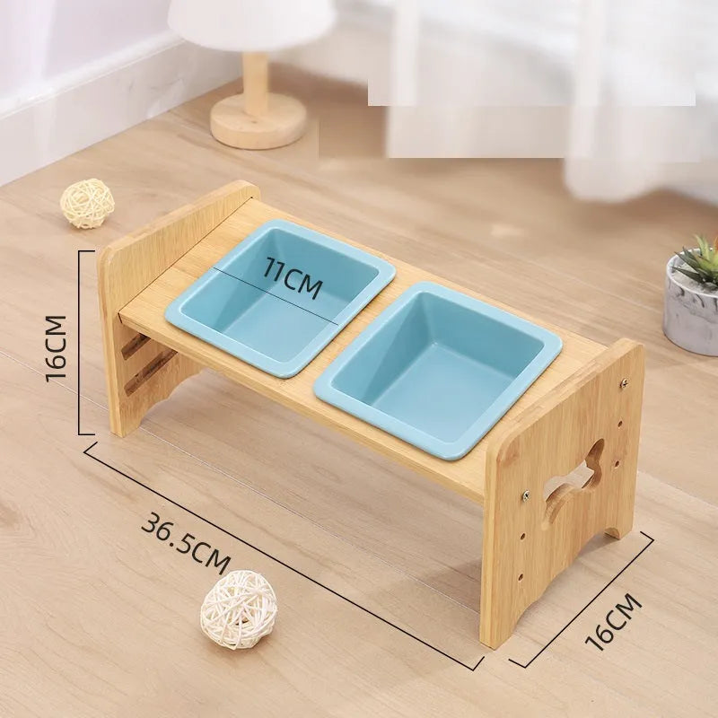 Adjustable cat dog bowl with bamboo base and ceramic feeding bowl in white, 3-layer height settings