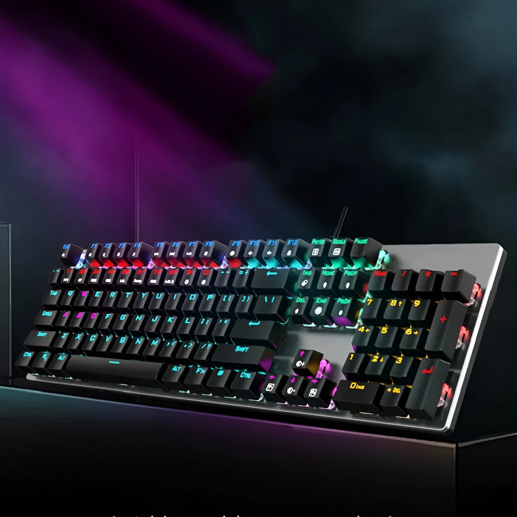GK410 mechanical keyboard with 104 keys and backlit keys on a desk.